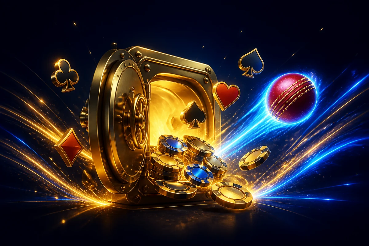 Casino bonus vault with chips, cards and reward coins