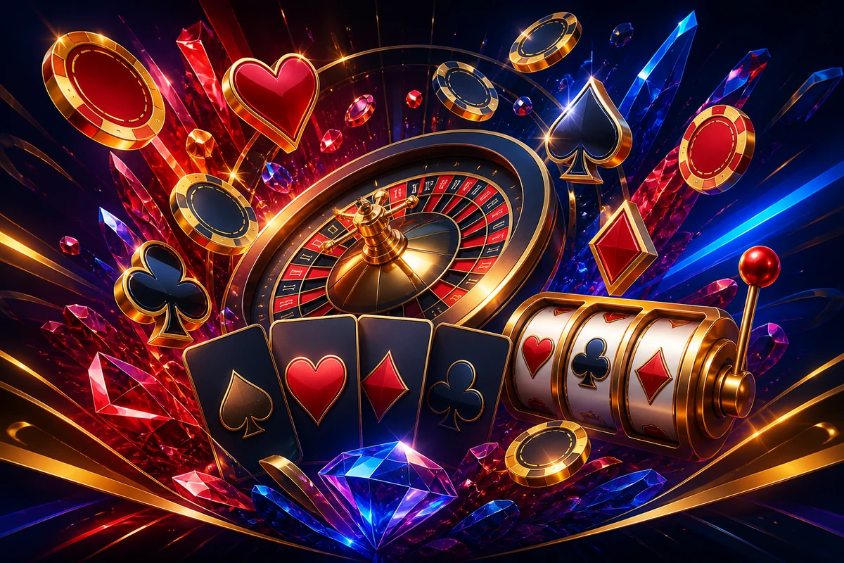 Casino promotion scene with roulette, cards, chips and rewards